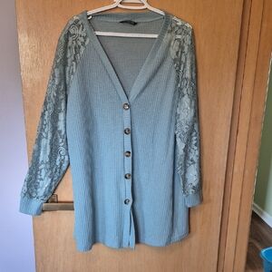 BloomChic Lace-Sleeve Sage Button Front Cardigan